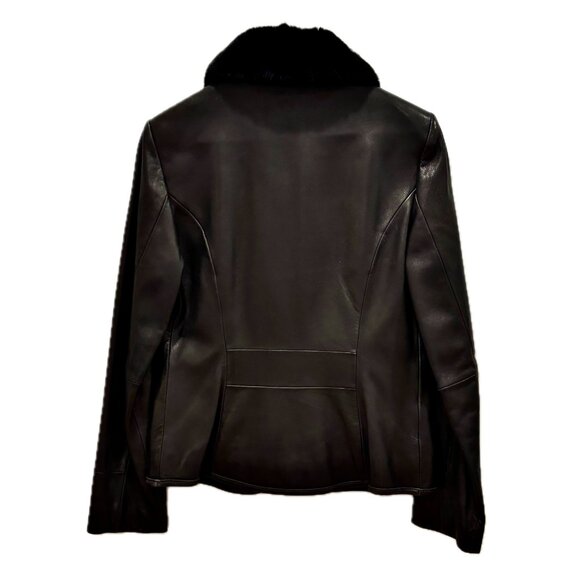 Calvin Klein Stylish Black Leather Jacket Short Coat Fur Collar Womens Small - Picture 2 of 14
